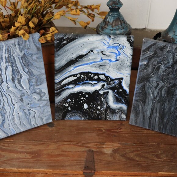 Set of Three Canvas Paintings * Set * Paint Pour * Blue / Black / White / Gray - Picture 2 of 7